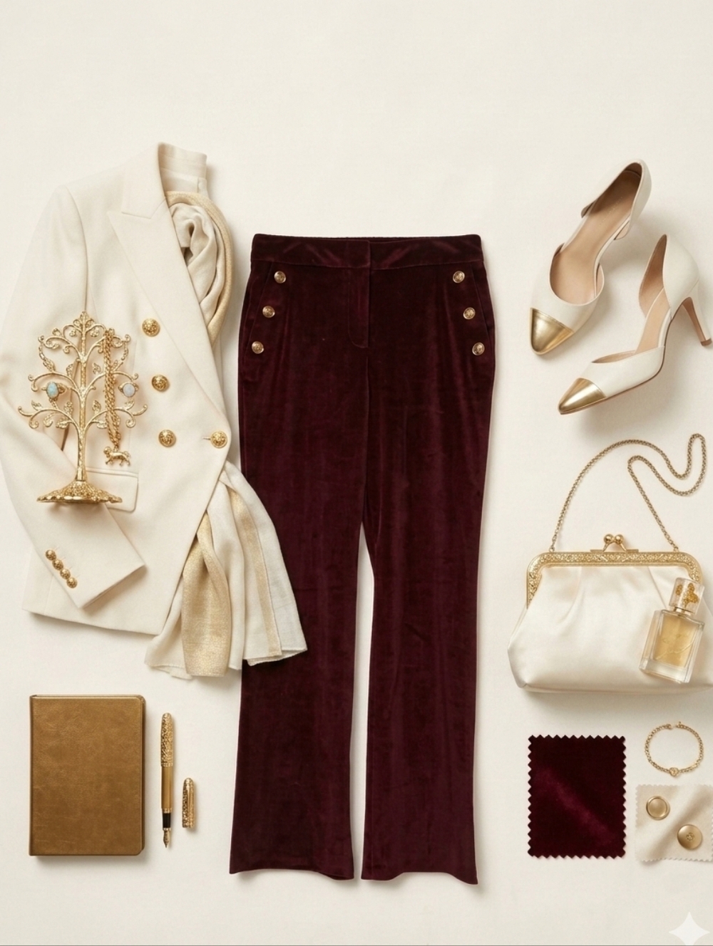 Maison d' Amelie Paris French Burgundy Velvet Velour Flared Leg Pants